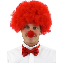 Oyunca Kırmızı Renk Kıvırcık Afro Bonus Peruk Takma Saç ve Kırmızı Burun Seti