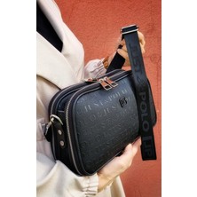 Siyah Kolon Askılı 4 Bölmeli Gofraj Baskılı Postacı Cantası Çapraz Çantası Omuz Çantası