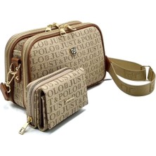 Kadın Krem Camel 5 Bölmeli Monogram Baskılı Omuz Çantası ve Cüzdan Takımı TM8888