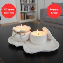 Nigi Store 3 Parça Beyaz Dekoratif Set - Dantel Tepsi, Bohça Mum, Kapaklı Mum