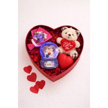 Biton Toptan Sevgililer Gününe Özel Kalp Kutuda ayıcıklı- Ledli Kalpli- Kar Küresi ve Mini Buket Hediye Seti 02 