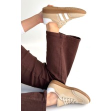 Alfaze Bej Cilt Kahverengi Taban Ortopedik Bağcıklı Spor Ayakkabı Topuk Boyu 2 cm