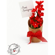 Waxera El Yapımı Şönil Kırmızı Çiçekli Mini Saksı - "seni Seviyorum" Temalı