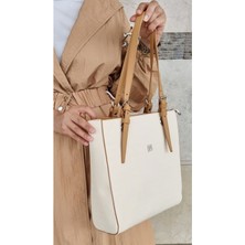 Just Polo Justpolo Kadın Krem Büyük Boy 4 Bölmeli Deri Omuz Çantası Tote Bag Şık Görünüm ile Günlük Kullanım