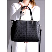 Kadın Siyah 4 Bölmeli Gofraj Baskılı El ve Çapraz Çantası