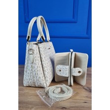 Kadın Krem 5 Bölmeli Çanta ve Cüzdan Takımı