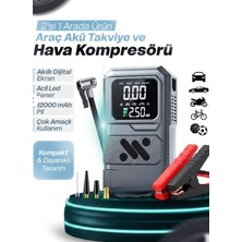 Azurtech Dijital Ekranlı Taşınabilir Hava Kompresörü Çok Amaçlı Şarjlı Pompa LED Ekran 12000 Mah