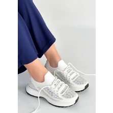 Alfaze Beyaz Triko Taşlı Ortopedik Bağcıklı Spor Ayakkabı Topuk Boyu 3 cm