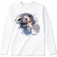 Efendioğlu Design Uzun Kollu Beyaz Karda Yatan Sevimli Köpek Baskılı Pamuklu Çocuk Tişört