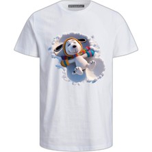 Efendioğlu Design Kısa Kollu Beyaz Karda Yatan Sevimli Köpek Baskılı Pamuklu Yetişkin Tişört