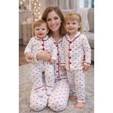 Lino Baby Anne Çocuk Kombin Minik Kalp Baskılı Tam Kalıp %100 Pamuk Kuruveze Yakalı Anne Çocuk Pijama Takımı