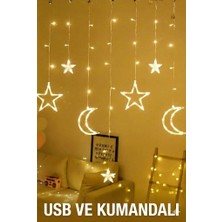 Epazzar USB ve Kumandalı Ay Yıldız Perde LED Işık 12 Sarkıt 8 Fonksiyon Dekor Vitrin Süsleme USB Kumandalı LED