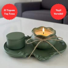 Nigi Store 3 Parça Yeşil Avangard  Dekoratif Set - Dantel Tepsi, Bohça Mum Hediyelik