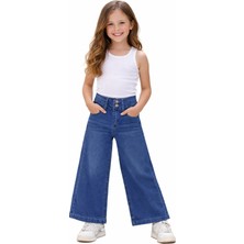 İrem Çocuk Giyim Kız Çocuk Çift Düğme Detaylı Fermuar Kapamalı Eskitme Desenli Geniş Paça Mavi Renk Kot Pantolon