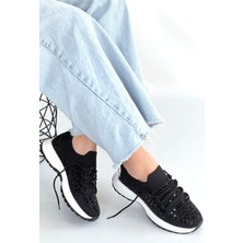 Alfaze Siyah Triko Taşlı Ortopedik Bağcıklı Spor Ayakkabı Topuk Boyu 3 cm