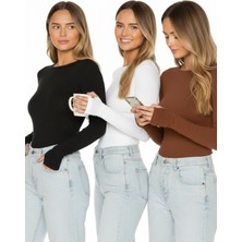 Moda Borsası Kadın Parmak Detaylı Body 3’lü Set – Siyah Beyaz Kahverengi