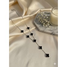 Meneva Aksesuar Paslanmaz Çelik Siyah Mineli Yonca Kolye