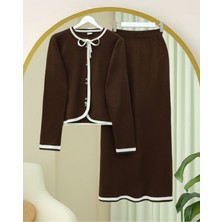 Modamorfo Bağcık Detaylı Şeritli Düğmeli Etekli Triko Takım -Kahve