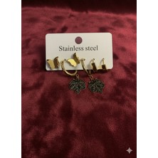 Meneva Aksesuar Altın Renk Çelik 6'lı Küpe Seti - Simli Kelebek ve Çınar Yaprağı Figürlü