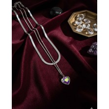 Meneva Aksesuar Italyan Ezme Zincir ve Kristal Kalp Uçlu Gümüş Renk Çelik Kolye