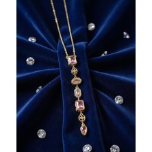 Meneva Aksesuar Pembe Kristal Taşlı Vintage Tasarım Çelik Kolye