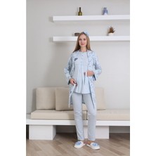 Erdeniz Tekstil Desenli Hamile/lohusa Pijama Seti – Melanj, Önü Düğmeli ve Nakış Detaylı, Emzirme Özellikli (3 Parça)