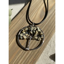 Meneva Aksesuar Benekli Jasper Doğal Taş Hayat Ağacı Deri Ipli Kolye