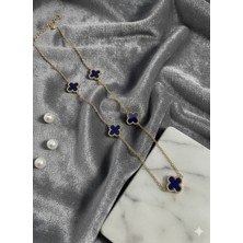 Meneva Aksesuar Paslanmaz Çelik Altın Renk Lacivert Mineli Yonca Kolye