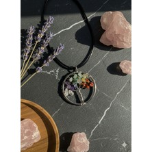 Meneva Aksesuar 7’li Çakra Doğal Taş Hayat Ağacı Deri Ipli Kolye