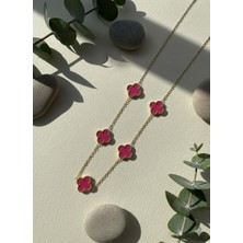 Meneva Aksesuar Paslanmaz Çelik Altın Renk Fuşya Pembe Mineli Yonca Kolye