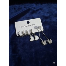 Meneva Aksesuar Gümüş Renk Çelik 6'lı Küpe Seti - Sedefli Kalp ve Zincirli Kelebek Figürlü Kombin Küpe