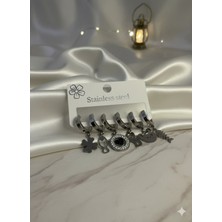 Meneva Aksesuar Gümüş Renk Çelik 6'lı Küpe Seti - Kedi Figürlü ve Taşlı Kararmaz Kombin Küpe