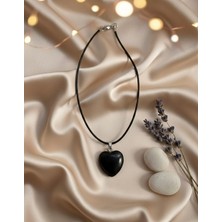 Meneva Aksesuar Obsidyen Doğal Taş Kalp Kesim Deri Ipli Kolye