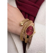 Captiva Kadın Bileklik Saat Altın Renk Örgü Kordon – Bordo Kadran Oval Kasa Şık Kadın Saati