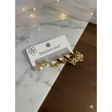 Meneva Aksesuar Altın Renk Çelik 6'lı Küpe Seti - Yonca ve Kelebek Figürlü Kararmaz Kombin Küpe