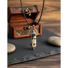 Meneva Aksesuar Benekli Jasper Doğal Taş Çivi Model Deri Ipli Kolye