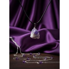 Meneva Aksesuar Ametist Doğal Taş Deri Ipli Kolye