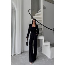 Yeşil Sarmaşık Jakarlı Bluzu Tasarım Detaylı Ceket-Pantolon-Bluz 3 Lü Takım - Siyah