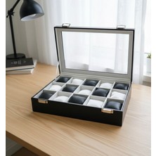 ZYC Premium 15 Yuvalı Tamamen Deri Kaplama  Cam Kapaklı Şık Tasarım Saat Saklama Kutusu Ebat (34X24X8)CM