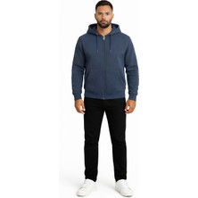 Justas Erkek Indigo 3 Iplik Şardonlu Kapüşonlu Boydan Fermuarlı Kanguru Cepli Kalın Sweatshirt
