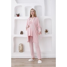 Erdeniz Tekstil Şık Dantel Detaylı Hamile & Lohusa 3’lü Pijama Takımı – Uzun Kollu, Önü Düğmeli, Sabahlıklı