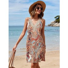 Yeşil Sarmaşık Kadın Kısa Kollu Dantel V Yakalı Desenli Süprem Elbise