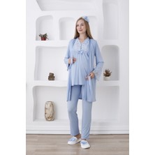 Erdeniz Tekstil Şık Dantel Detaylı Hamile & Lohusa 3’lü Pijama Takımı – Uzun Kollu, Önü Düğmeli, Sabahlıklı