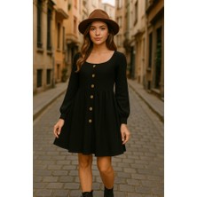 Yeşil Sarmaşık Kadın Uzun Kollu Kare Yaka Önden Düğmeli Midi Şardonlu Kaşkorse Elbise