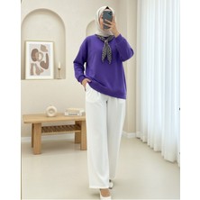 Moda Morfo Fularlı Leopar Armalı 3 İplik Sweat  -Mor