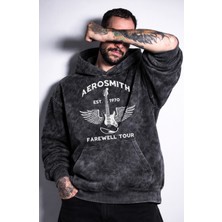 Fuddy Moda Unisex Aerosmith Baskılı Kapüşonlu Yıkamalı Sweatshirt, Oversize Rock Metal Baskılı Eskitme Hoodie