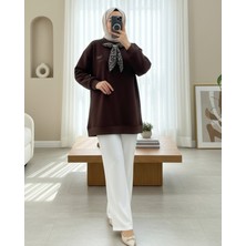 Moda Morfo Fularlı Leopar Armalı 3 İplik Sweat -K. Kahve