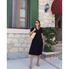 Veralya Kadın Kısa Kollu V Yaka Cepli A Kesim Detaylı Viskon Elbise