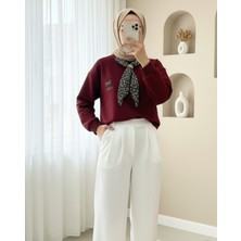 Moda Morfo Fularlı Leopar Armalı 3 İplik Sweat -Bordo