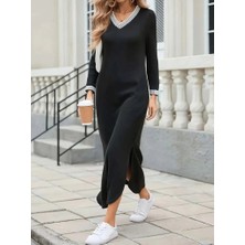 Veralya Kadın Uzun Kollu V Yakalı Yanlardan Yırtmaçlı Uzun Viskon Iki Iplik Elbise